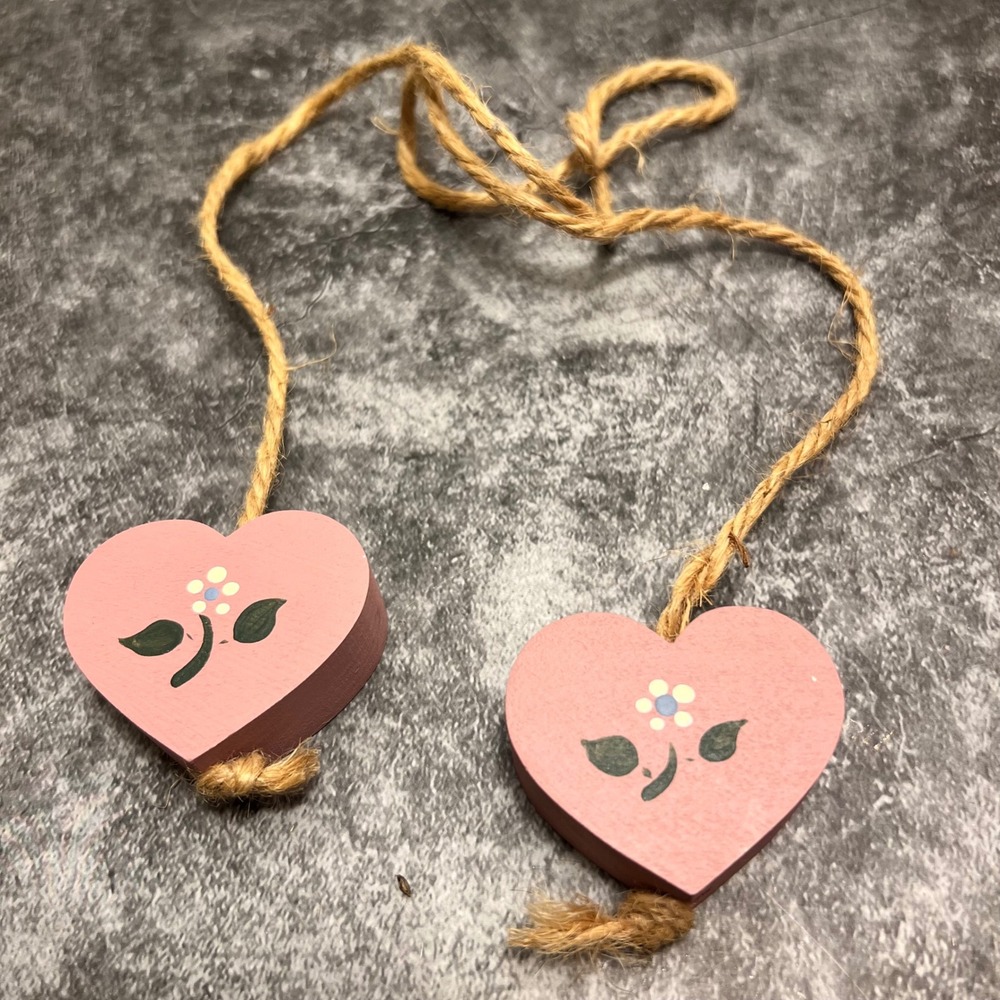 Vintage Hand-Painted Pink Wooden Hearts On Jute Cord | Cottage